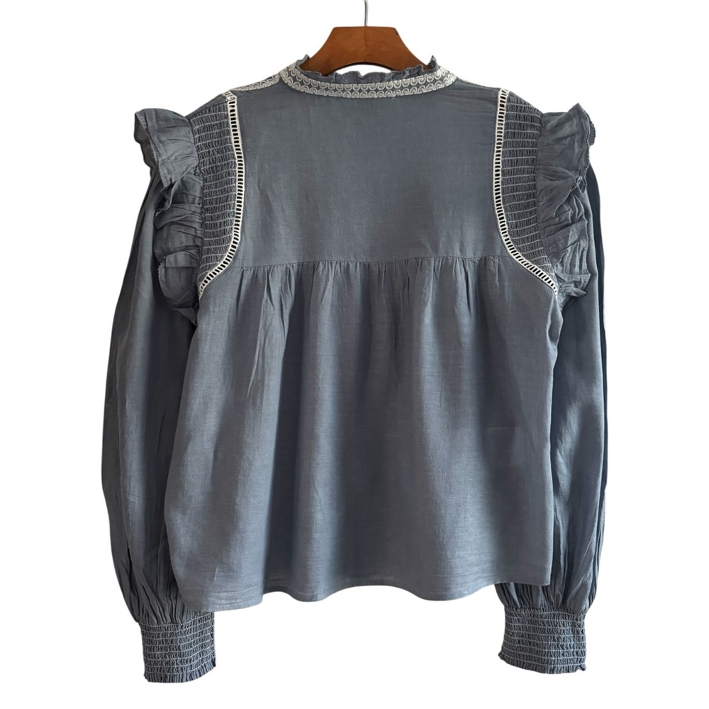 Mango Light Blue Ruffled Lace-Trim Blouse - Picture 6 of 11